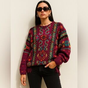HAND KNITTED | Vintage Vibrant Multicolor Burgundy Bohemian Aztec Fringe Sweater
